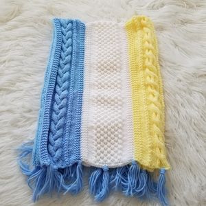 Handmade Baby Blanket Cable Knit Fringe Edge Blue Yellow White